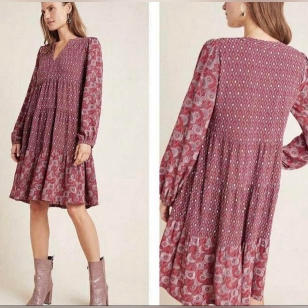 Maeve by Anthropologie Burgundy Cottagecore Tiered Multi Patterned VNeck Sz XS